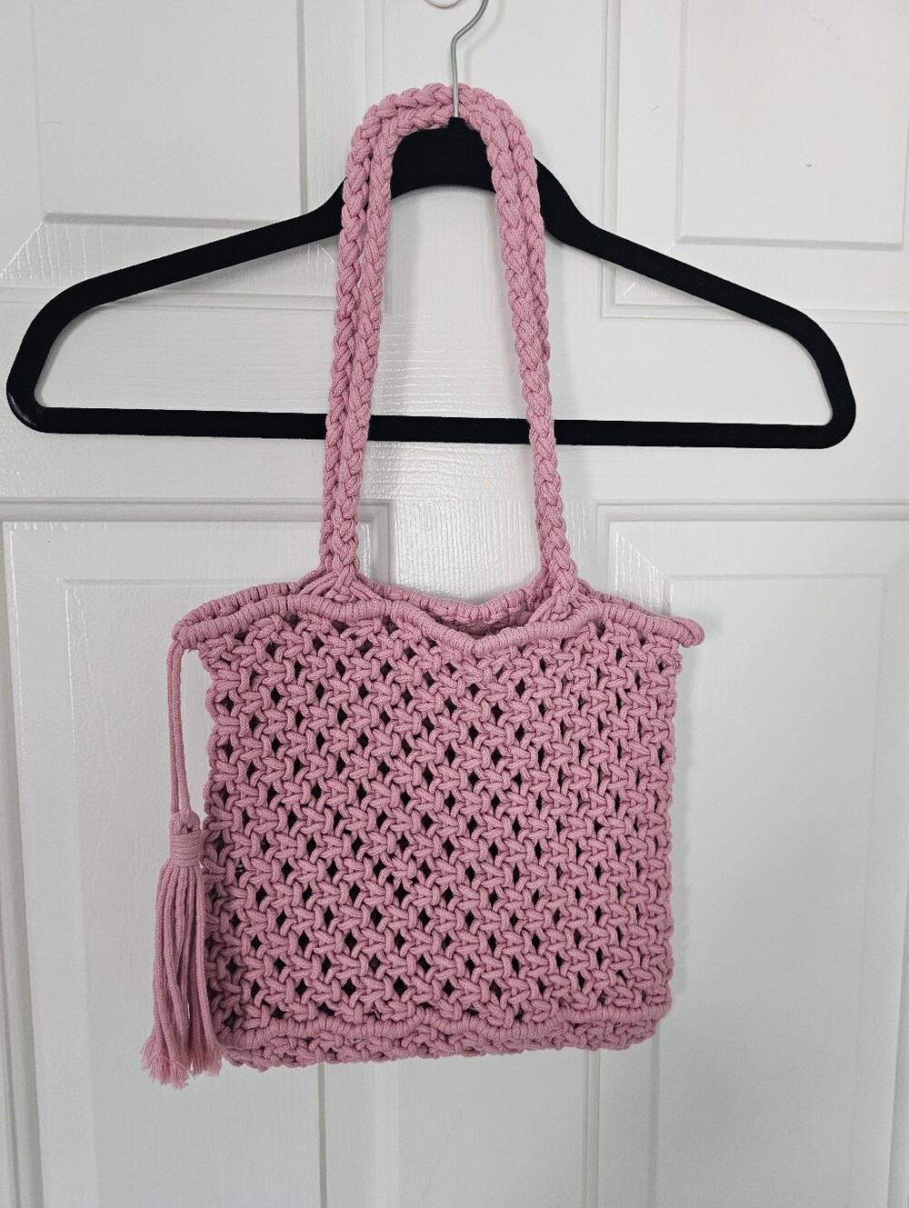 Pink Crochet Tote Bag Boho Knit Shoulder Bag Macrame Tassel